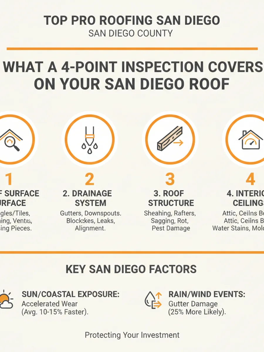 Close-up of a roofer checking flashing and shingle condition during a 4-point inspection in San Diego, photorealistic