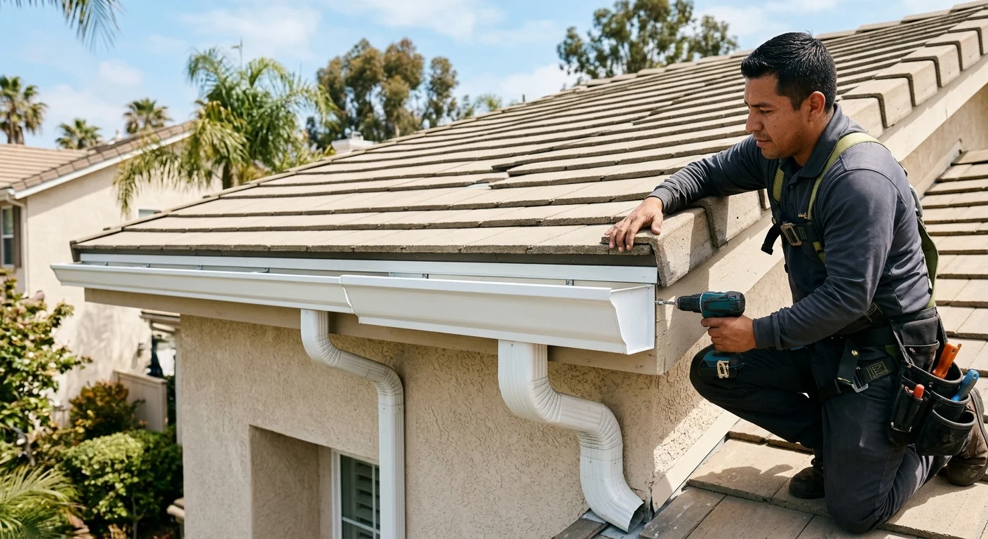 Side-by-side gutters mounted along a San Diego roof