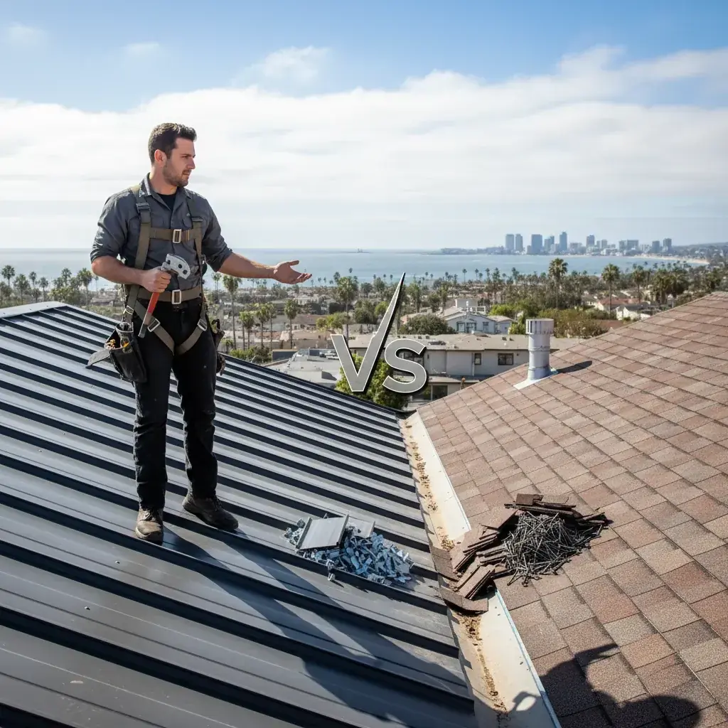 Side-by-side comparison of a 50-year architectural asphalt shingle roof and a standing seam metal roof on adjacent San Diego homes, both visible from the street