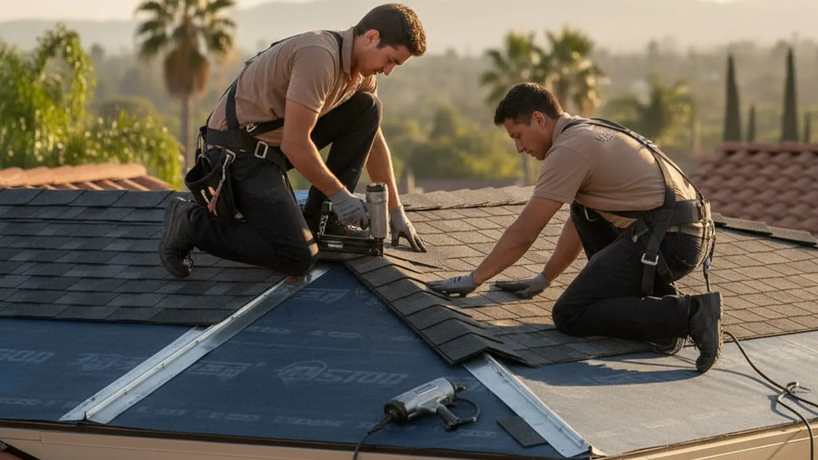 A roofing crew installing the roof on a new accessory dwelling unit in a San Diego backyard, with the main home visible in the background showing matching tile profile and color