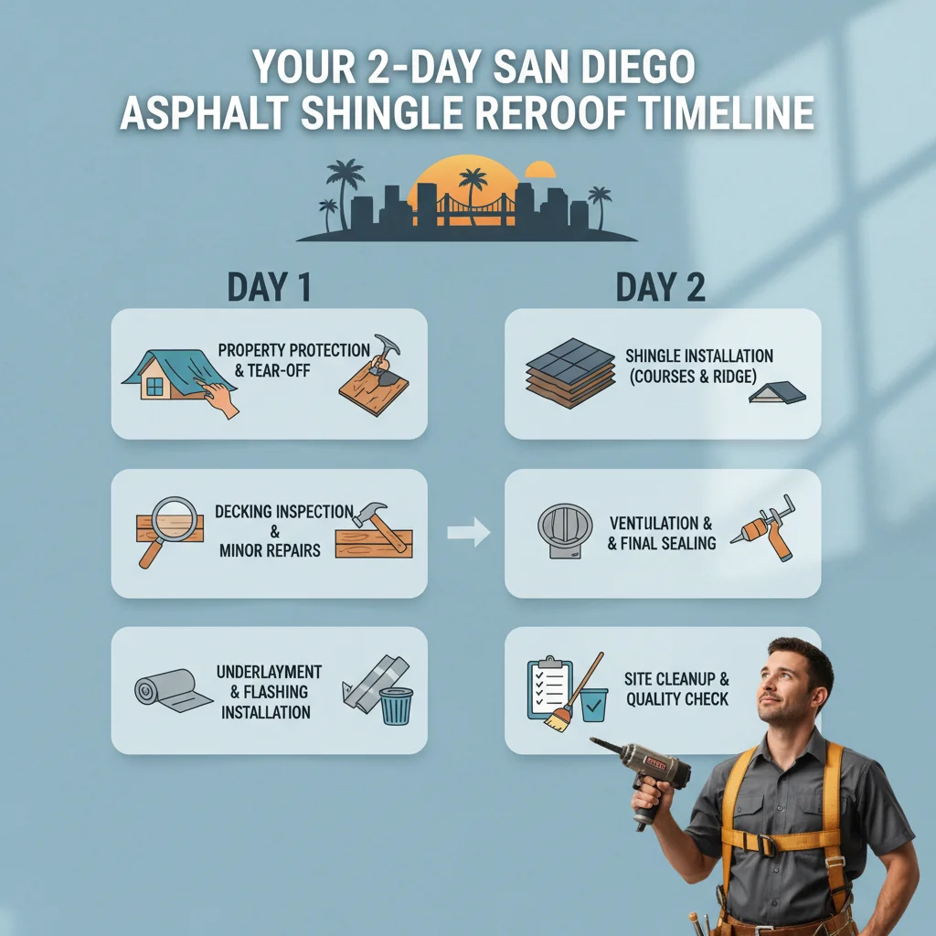 Infographic detailing the typical 2-day timeline for an asphalt shingle roof replacement in San Diego, outlining key steps from tear-off to final cleanup.
