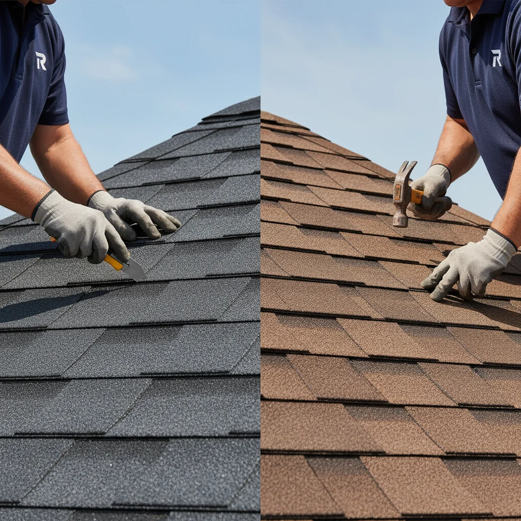 Split image comparing flat 3-tab shingles on the left and dimensional architectural shingles on the right