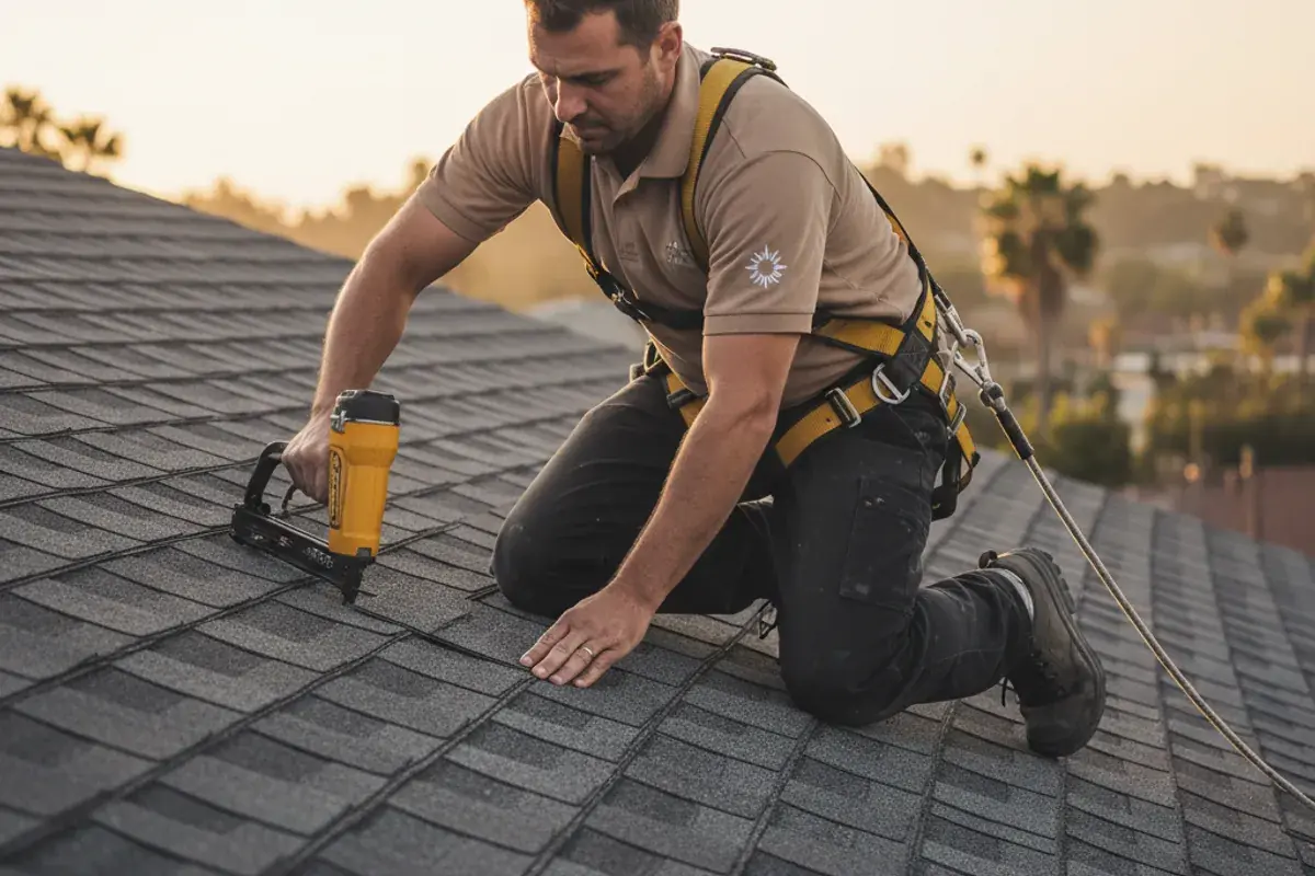 A San Diego roofer fastening GAF Timberline architectural shingles onto a residential roof in warm afternoon light