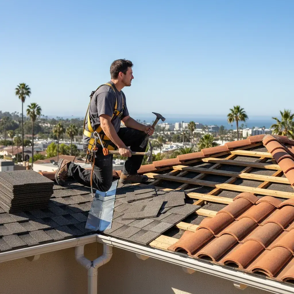 A mixed Southern California neighborhood roof line showing red Spanish tile, dark architectural shingle, and standing seam metal roofs against a clear blue coastal sky