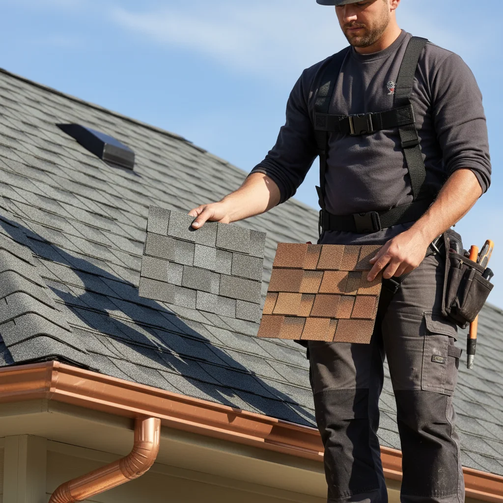 A roofer holds up two architectural shingle samples against a sunlit roof for a color comparison.