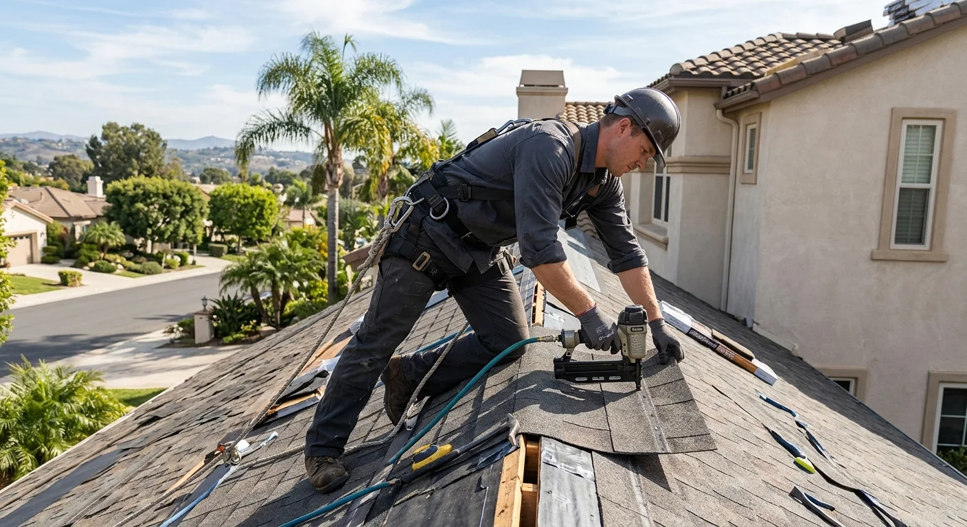 A clean, realistic photograph illustrating 'the best time of year to replace a roof in san diego' on a San Diego home, natural daylight, no text.