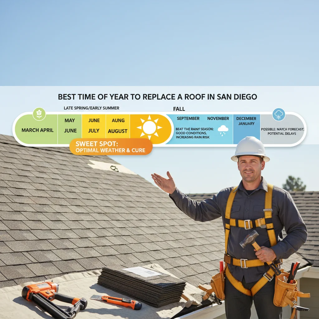 An infographic showing the ideal months for roof replacement in San Diego, seasonal considerations, and scheduling advice.