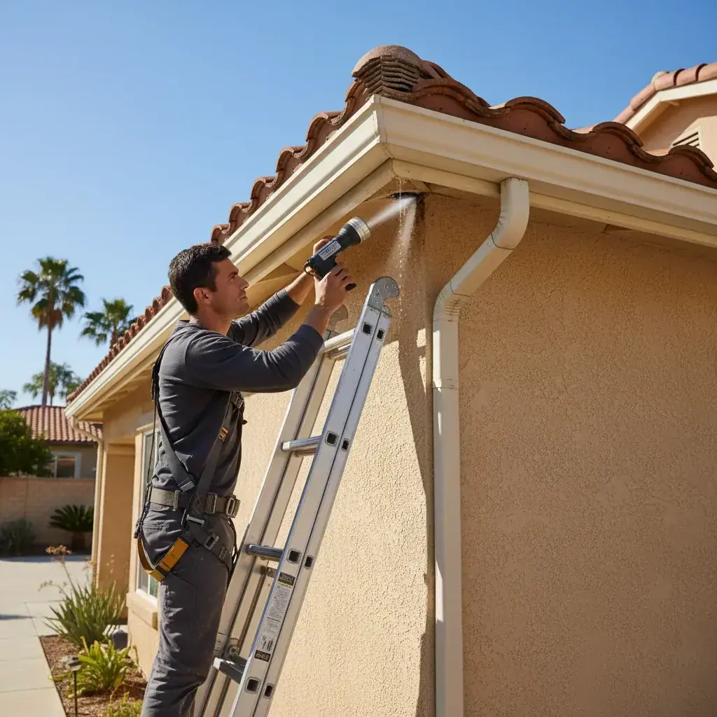 A homeowner on a ladder examining a small roof patch repair on an asphalt shingle roof, holding a tube of roofing sealant and a putty knife