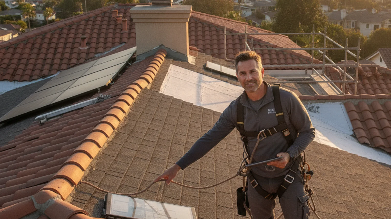Concrete tile roof on a San Diego home with solar mounting brackets installed before panels are placed, photorealistic
