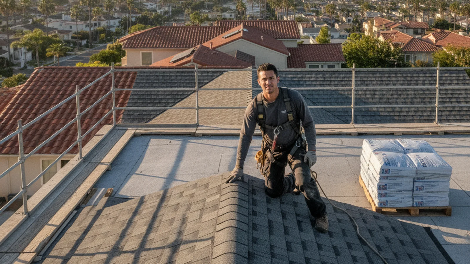 A roofer installing CertainTeed Landmark shingles on a hillside San Diego home with a canyon view in the background, photorealistic