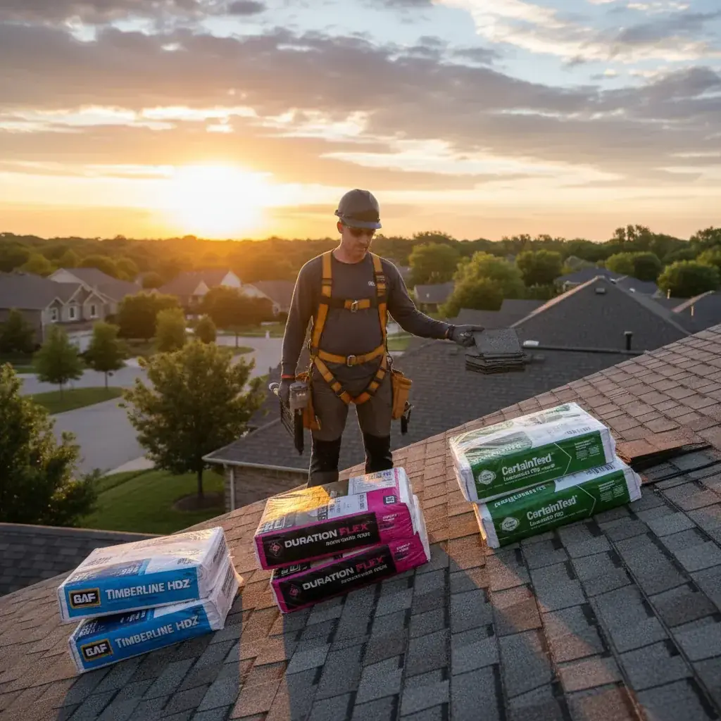 Side-by-side close-up of CertainTeed Landmark and Owens Corning Duration architectural shingles on a comparison board, showing the texture and color variation of each product line