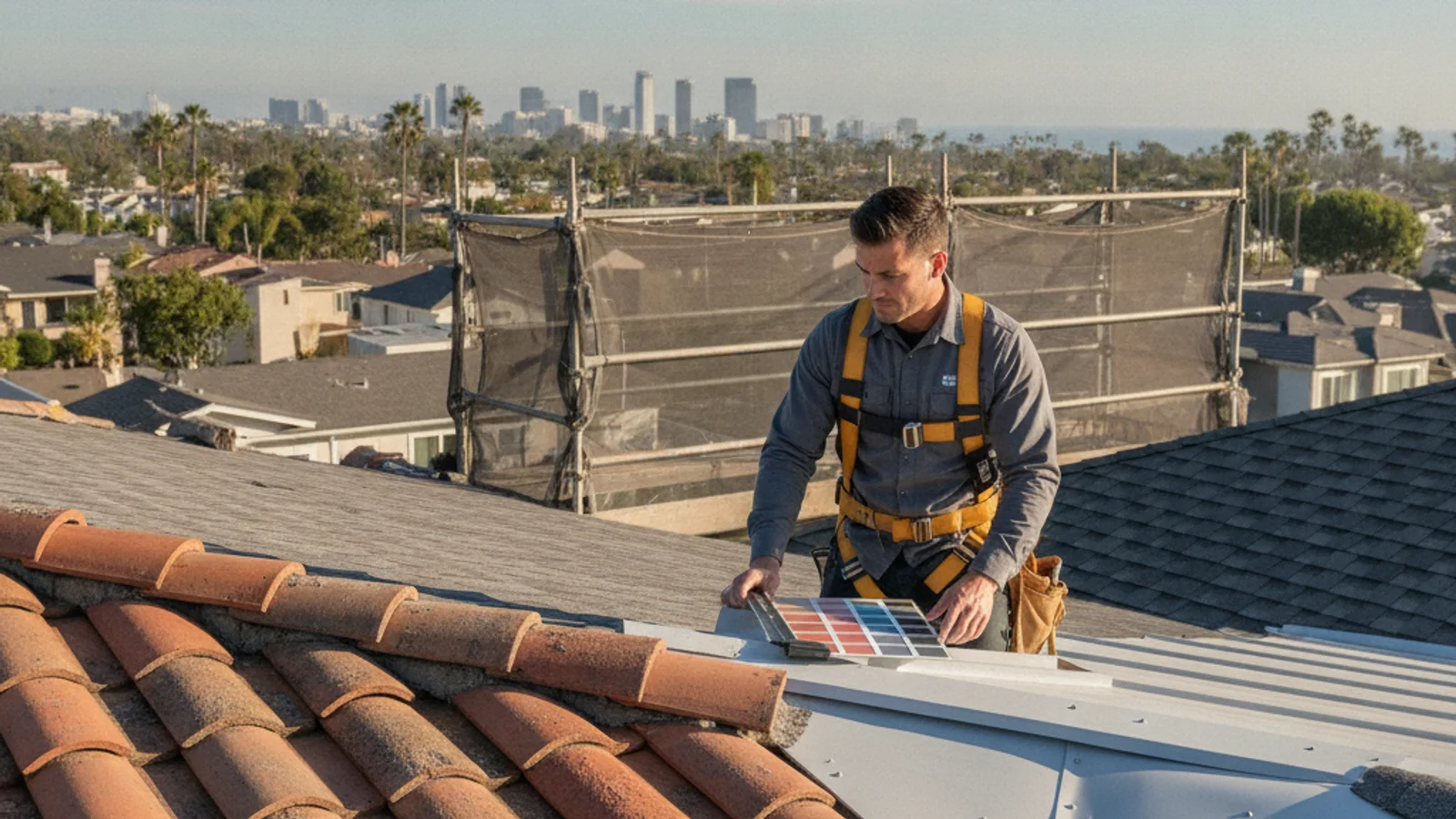 Metal roof color samples held up beside a standing seam roof on a Southern California home in afternoon light