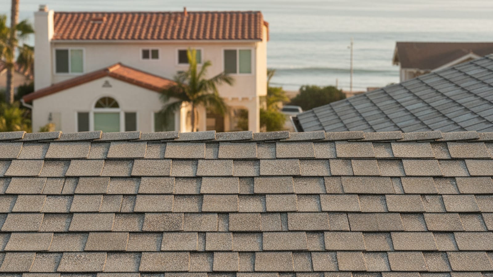 A weathered asphalt roof on a coastal San Diego home showing accelerated granule loss and flashing corrosion