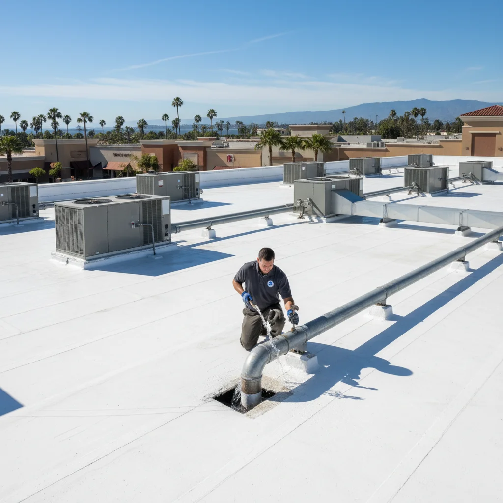 White TPO flat roof on a Chula Vista shopping center with HVAC units on a sunny day
