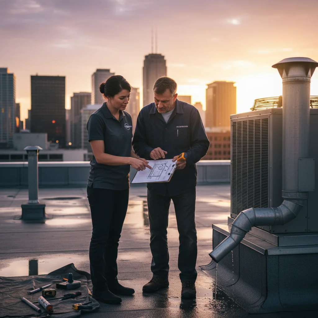 Property manager and roofer reviewing a roof inspection report on a clipboard at