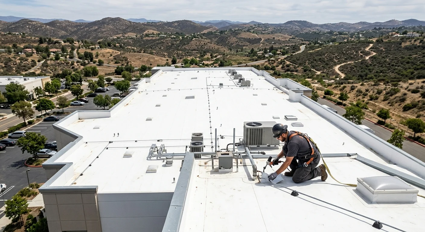 A wide aerial shot of a large, clean white TPO roof on a commercial building in Escondido, CA, with the dry, hilly landscape visible in the background.