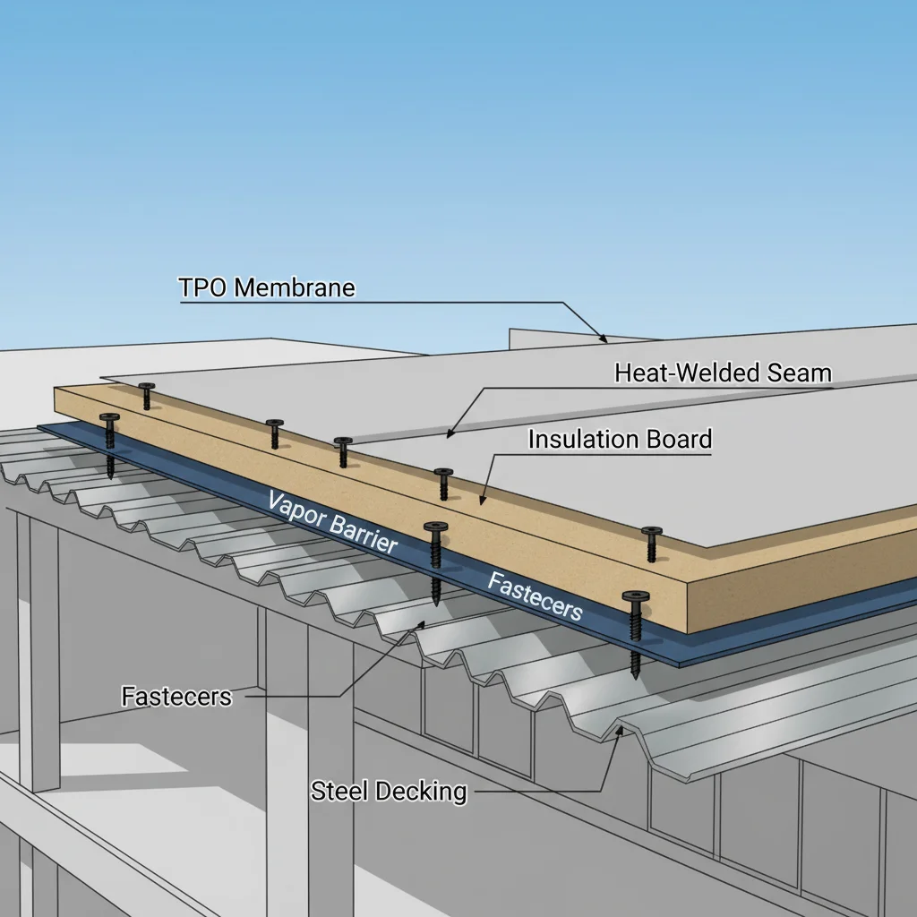 Cross-section diagram of a TPO roofing system, showing insulation, membrane, and heat-welded seams.