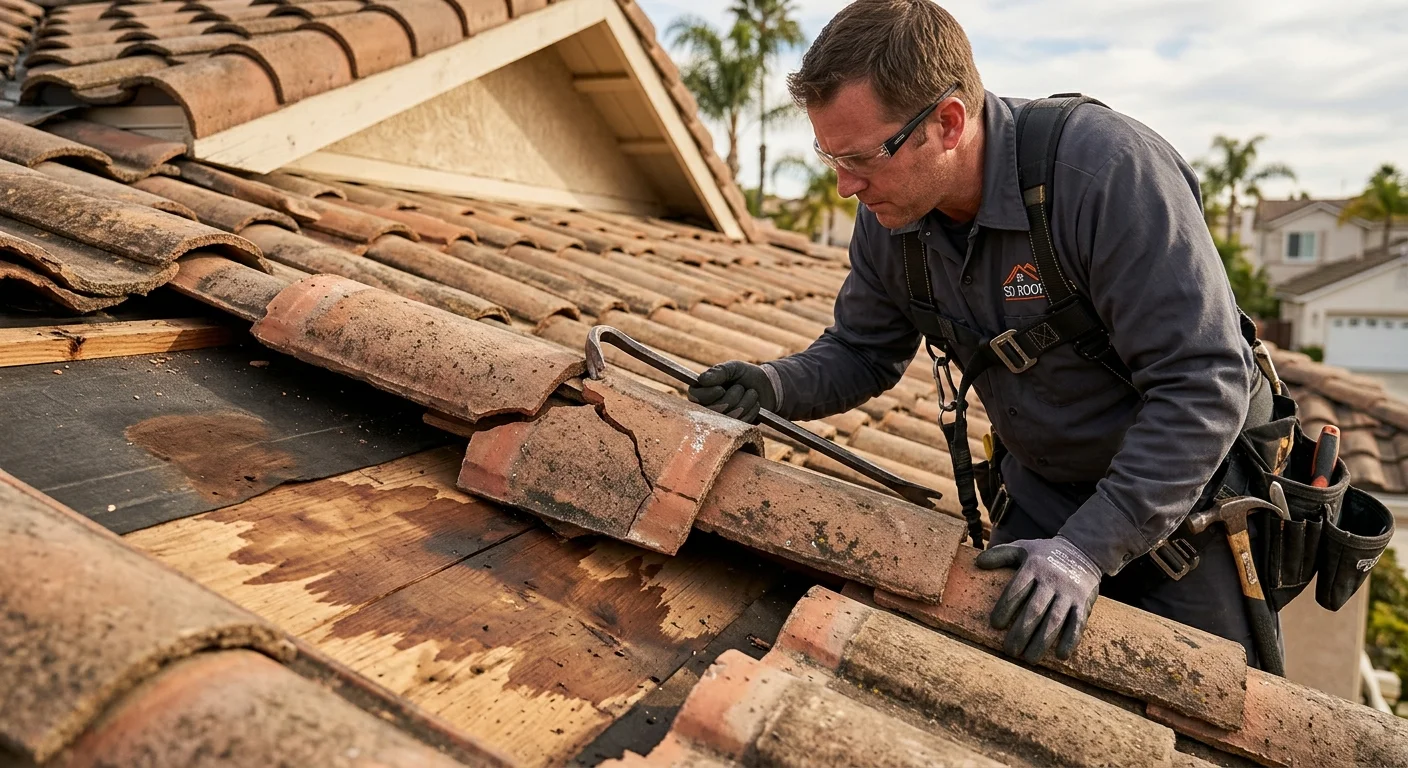 A close-up, detailed photograph of a cracked clay roof tile on a San Diego house
