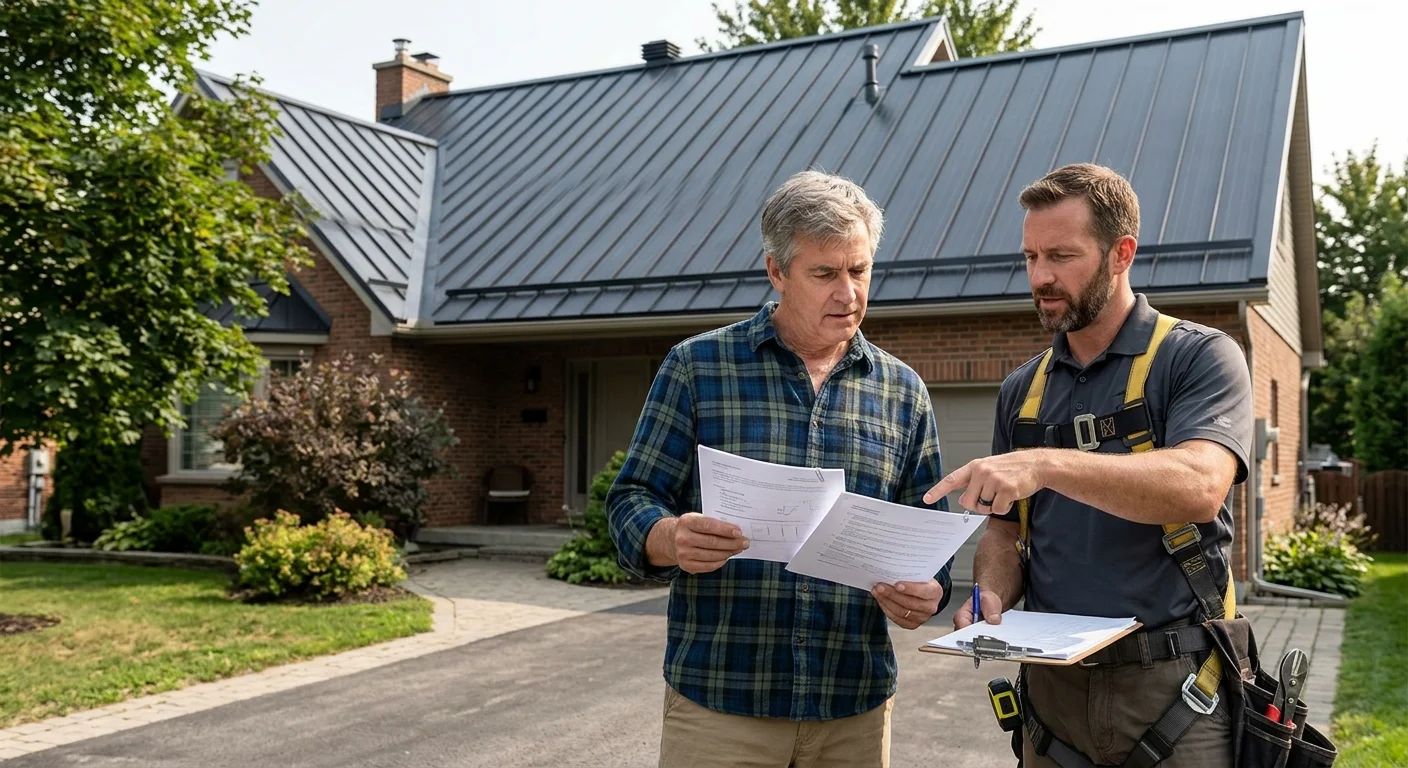 A homeowner comparing written metal roofing proposals with an independent roofer