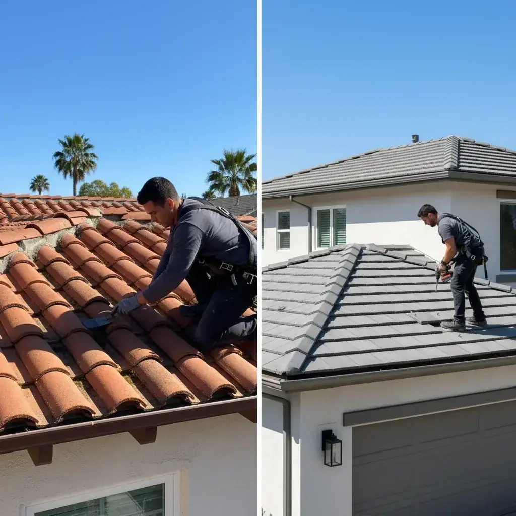 Clay barrel tile roof and concrete S-tile roof side by side on adjacent San Diego homes, showing age differences