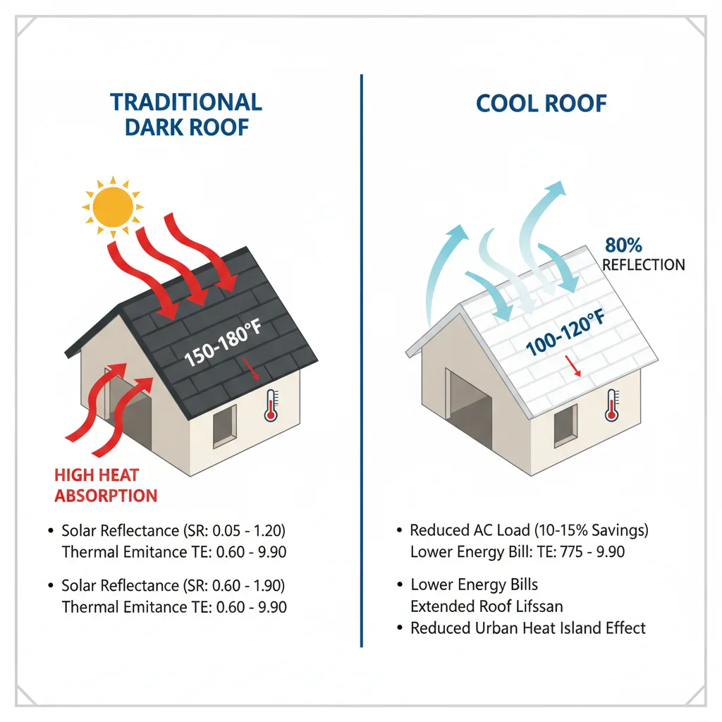 Infographic showing how cool roofs reflect sunlight and emit heat, reducing attic temperatures and energy use.