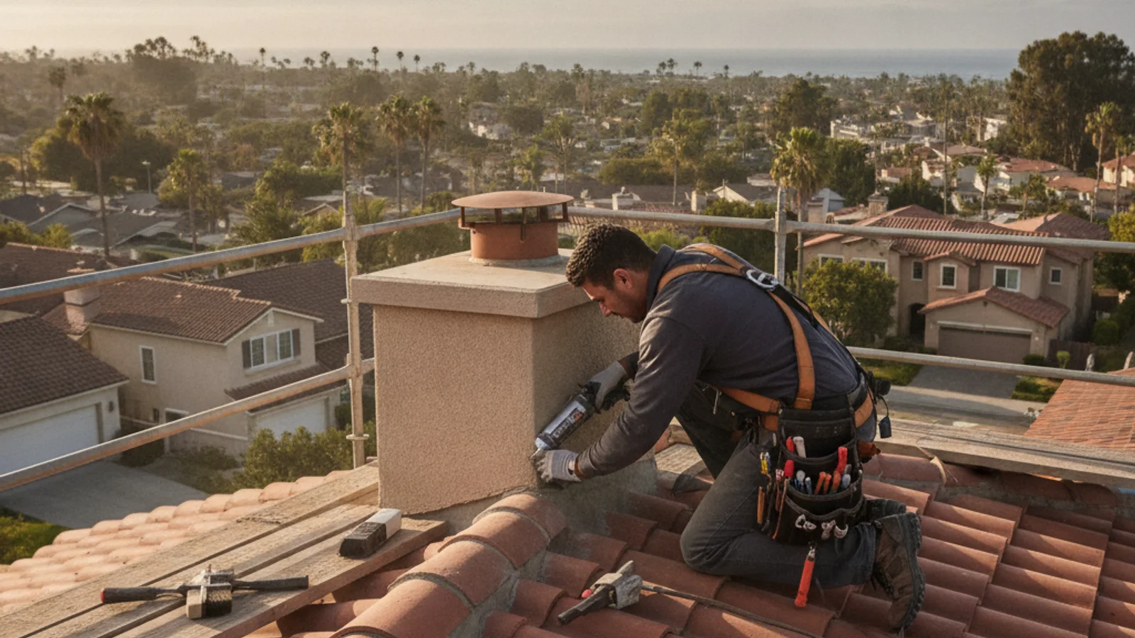 San Diego home roof under rain clouds before an El Niño winter storm season, photorealistic