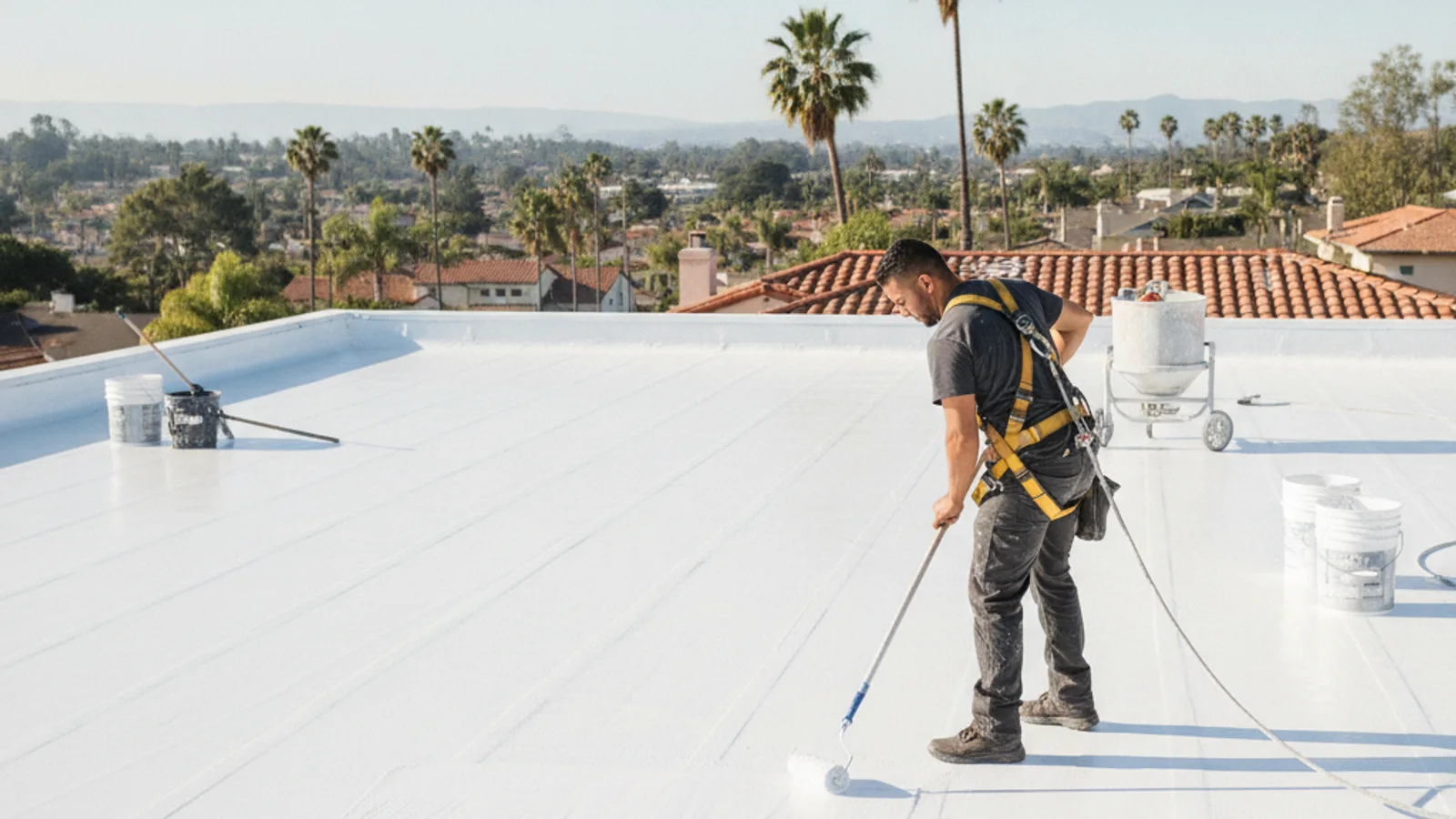 A low-slope commercial roof with drains, seams, and pipe penetrations being inspected before a coating decision
