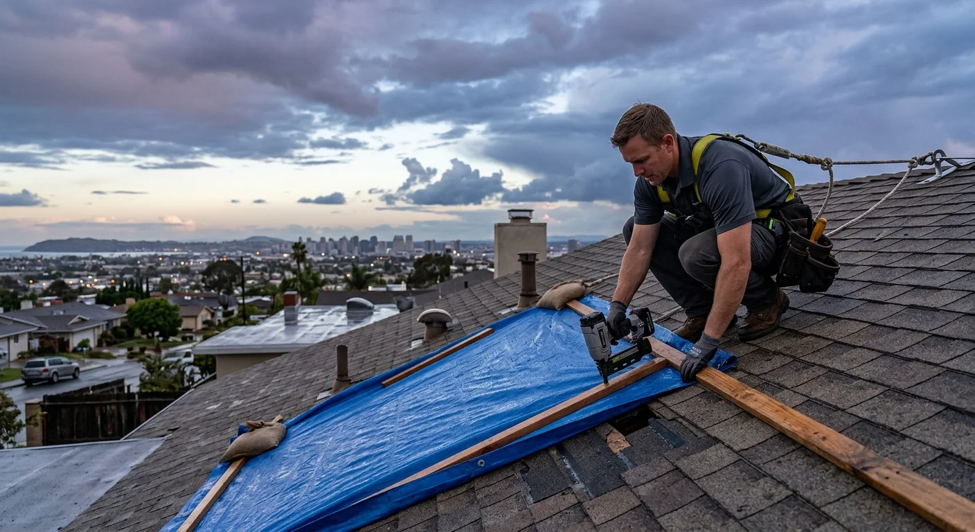 A professional roofer in a safety harness applying an emergency blue tarp to a section of a roof at dusk in San Diego, with storm clouds clearing in the background.