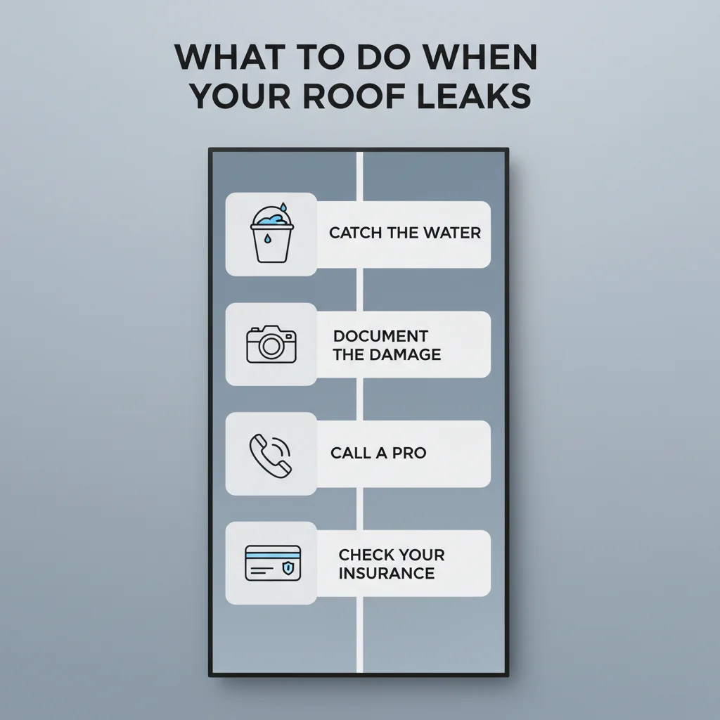 Infographic checklist detailing immediate actions to take when your roof leaks, including catching water, calling a professional, and checking insurance.