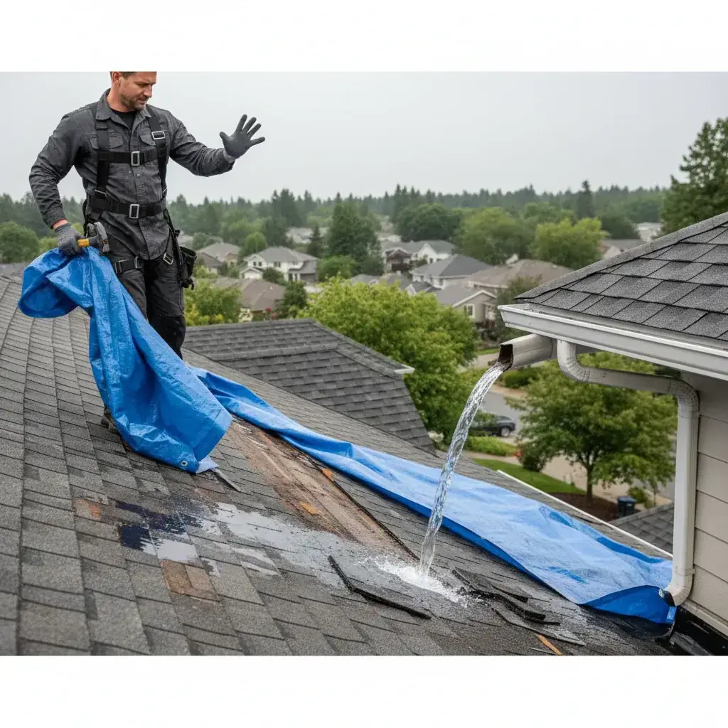 A roofing crew installing architectural shingles on a 2,000 sq ft San Diego home, with bundles of material staged across the roof deck.