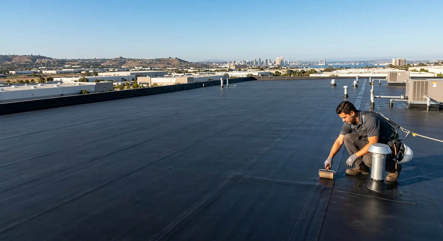 A clean, wide shot of a black EPDM roof on a large commercial warehouse in San D
