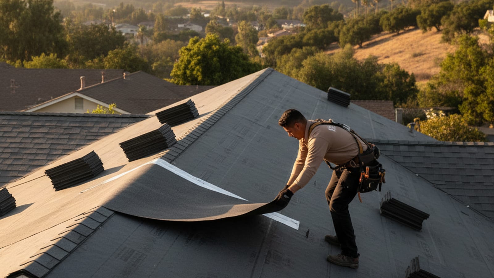 Roofing crew installing new asphalt shingles on a single-story Escondido home with valley metal and synthetic underlayment visible, foothills in the background