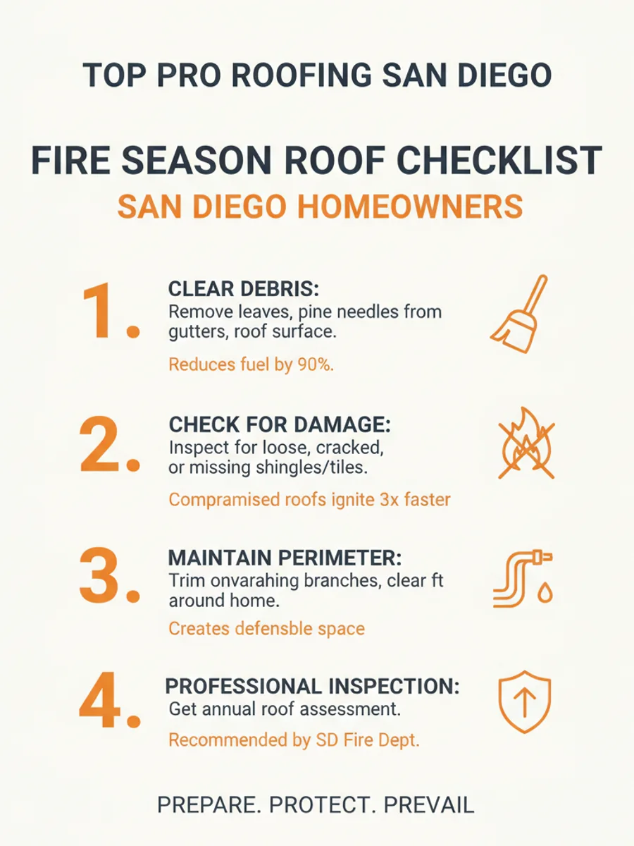 Roofer clearing dry debris from a roof valley and gutter before San Diego fire season, photorealistic