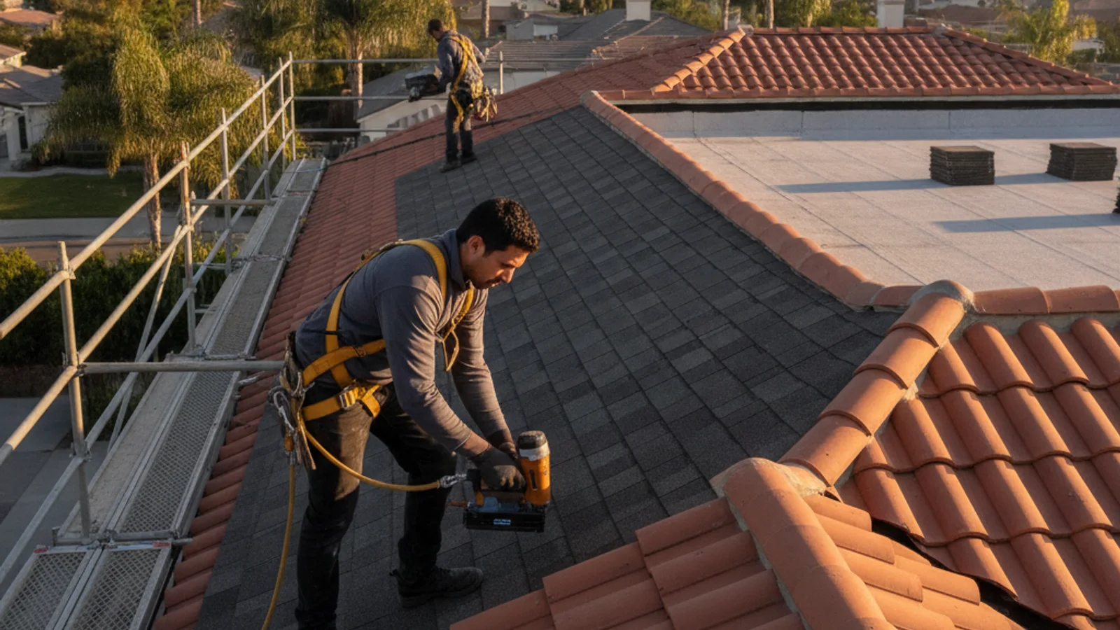 A San Diego installer laying GAF Timberline HDZ architectural shingles on a one-story stucco home under clear morning light, photorealistic