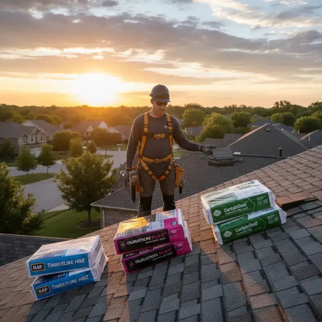 Split-view comparison of a clay tile roof on a Spanish Revival San Diego home next to an architectural asphalt shingle roof on a contemporary home, both photographed in afternoon light