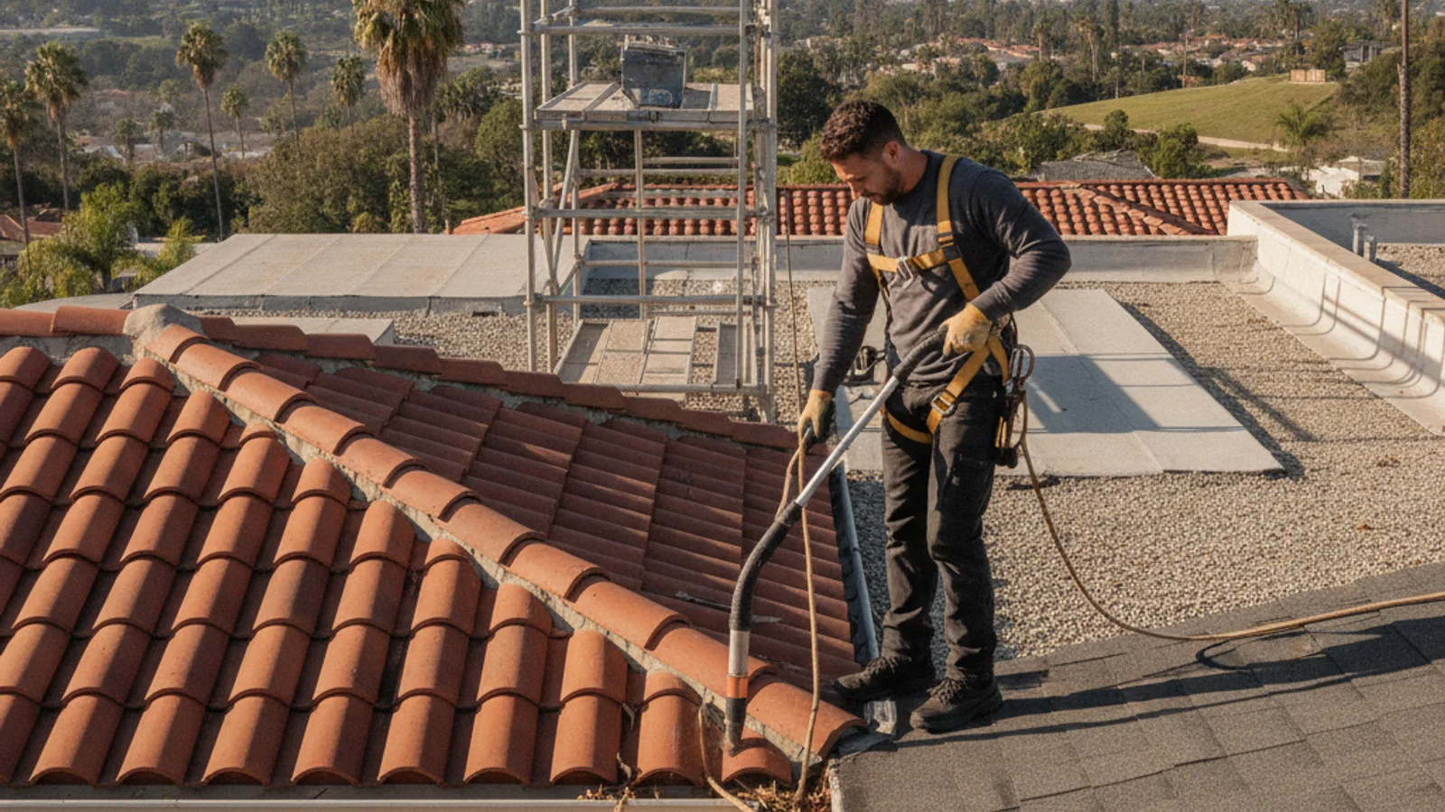 A contractor clearing eucalyptus debris from aluminum gutters on a single-story San Diego home with a ladder leaning against the fascia