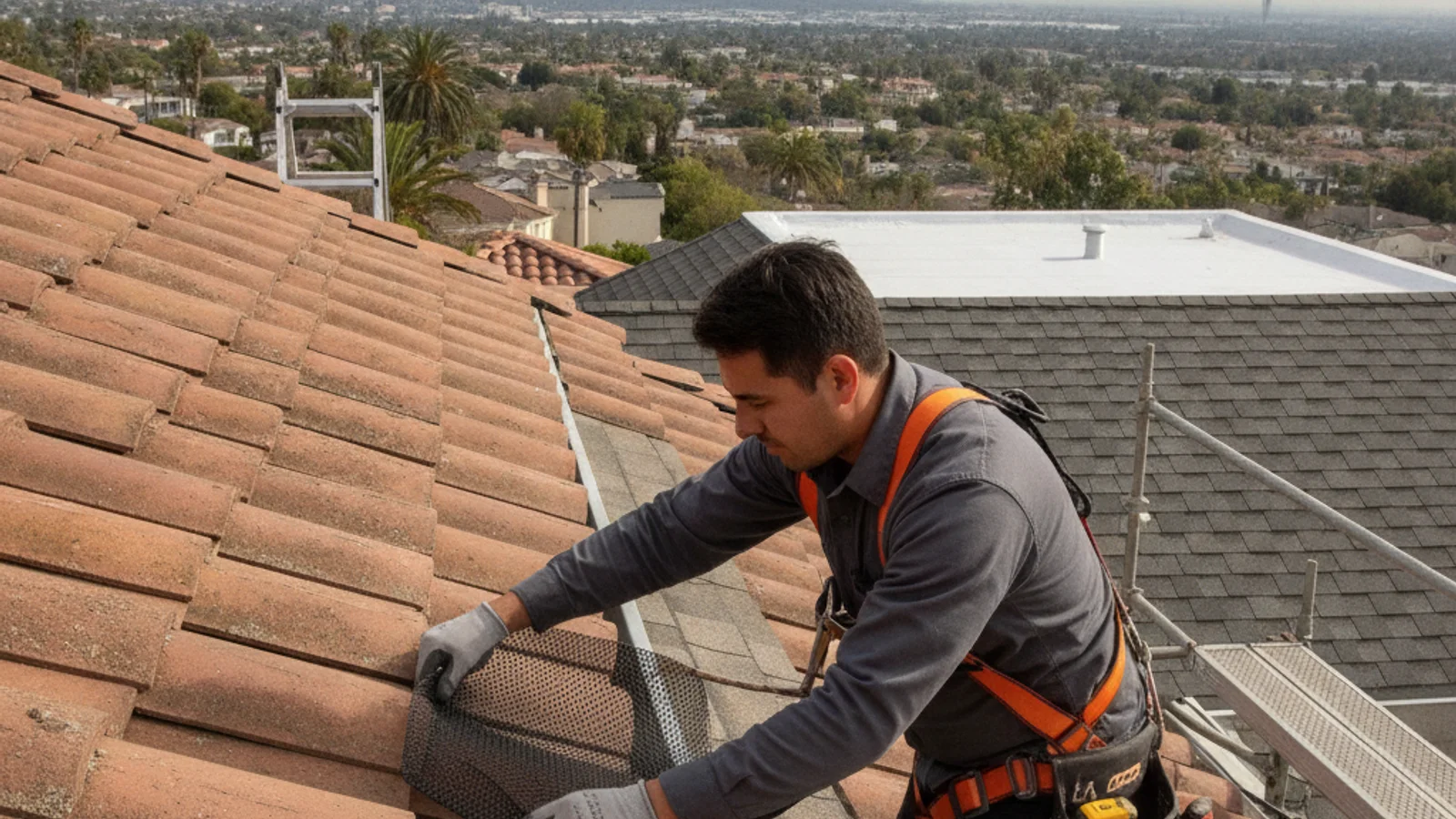 Close-up of a micro-mesh gutter guard installed on an aluminum gutter on a San Diego stucco home with palm trees visible in the background