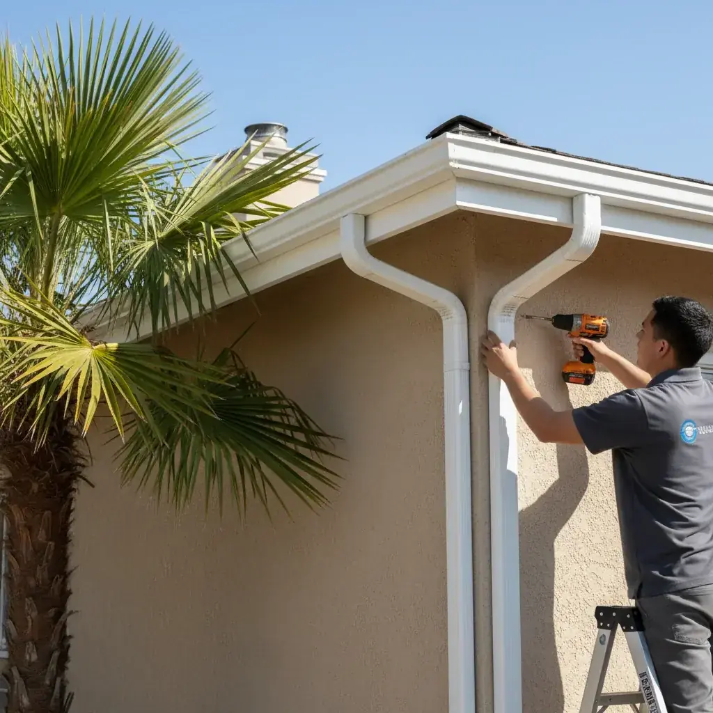 A San Diego roofer repairing a sagging aluminum gutter on a La Mesa home, re-securing the hangers and resealing the joint