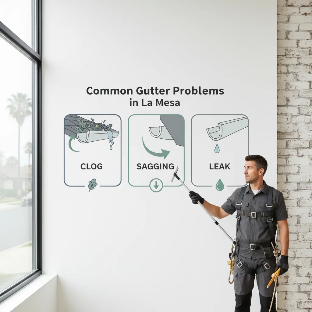 Infographic showing three common gutter problems: a clog from leaves, a sagging section pulling away from the fascia, and a leaking end cap.