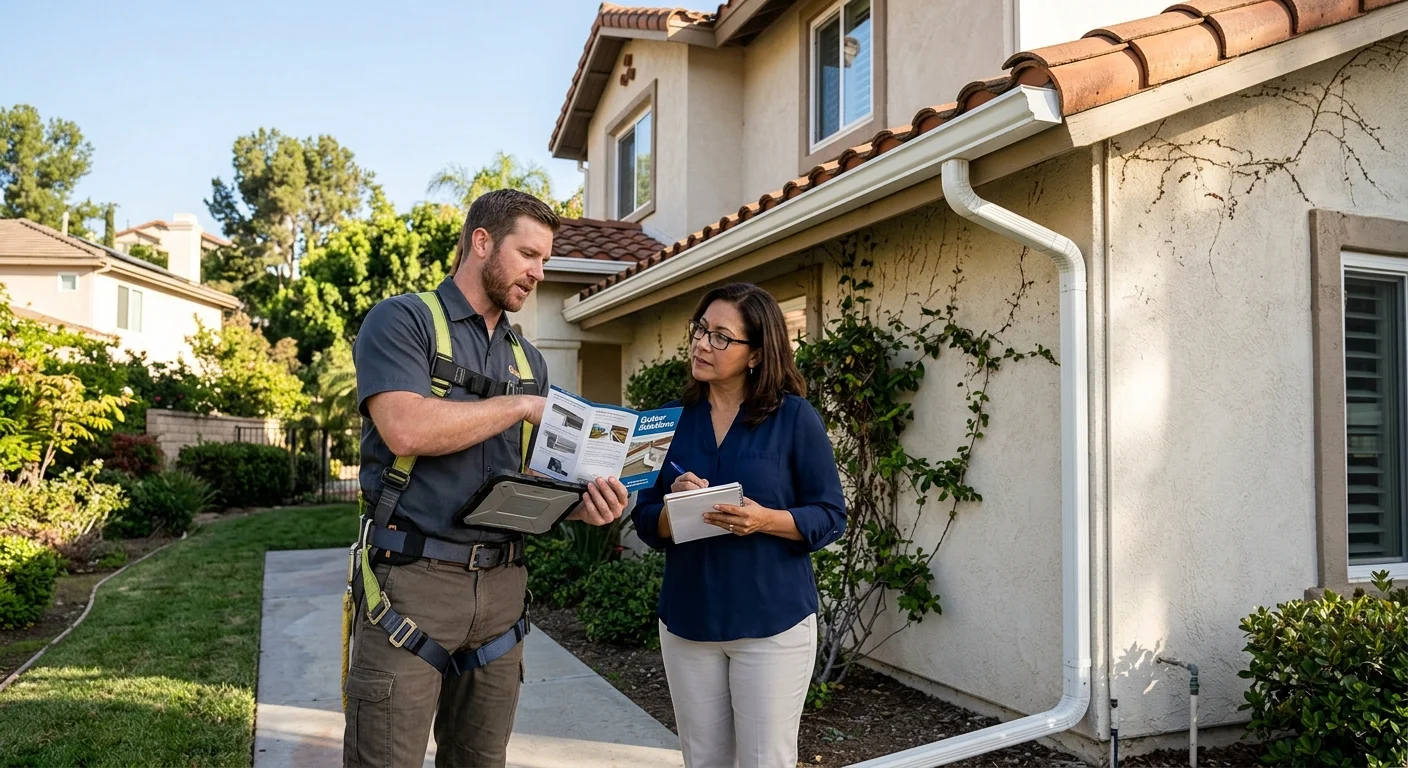 San Diego homeowner reviewing gutter options with an independent pro