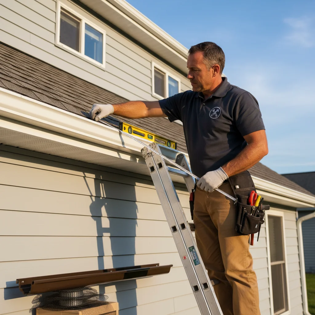 A roofer measuring a fascia board for gutter installation with a level tool in hand, ladder visible