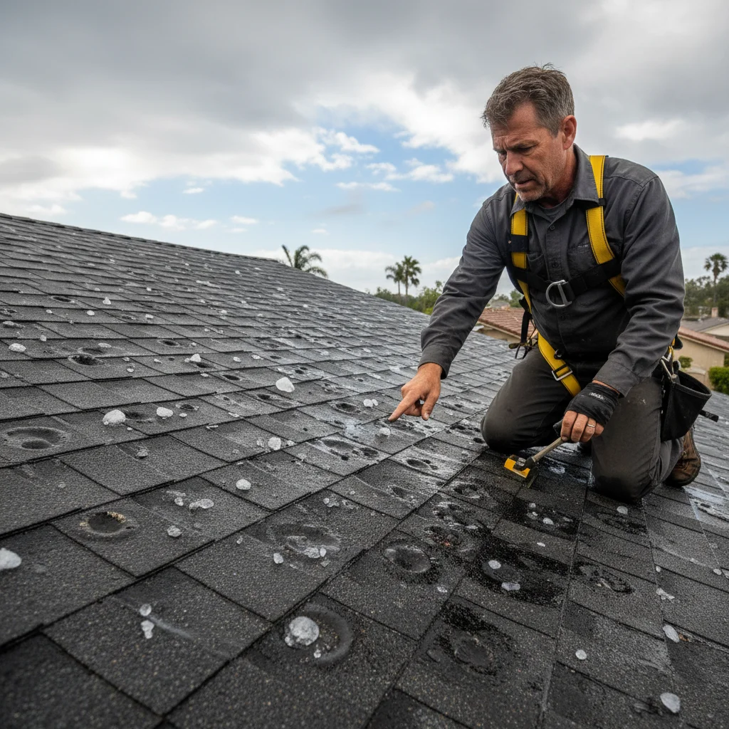 Close-up of a shingle roof with visible round impact marks from a rare hailstorm.