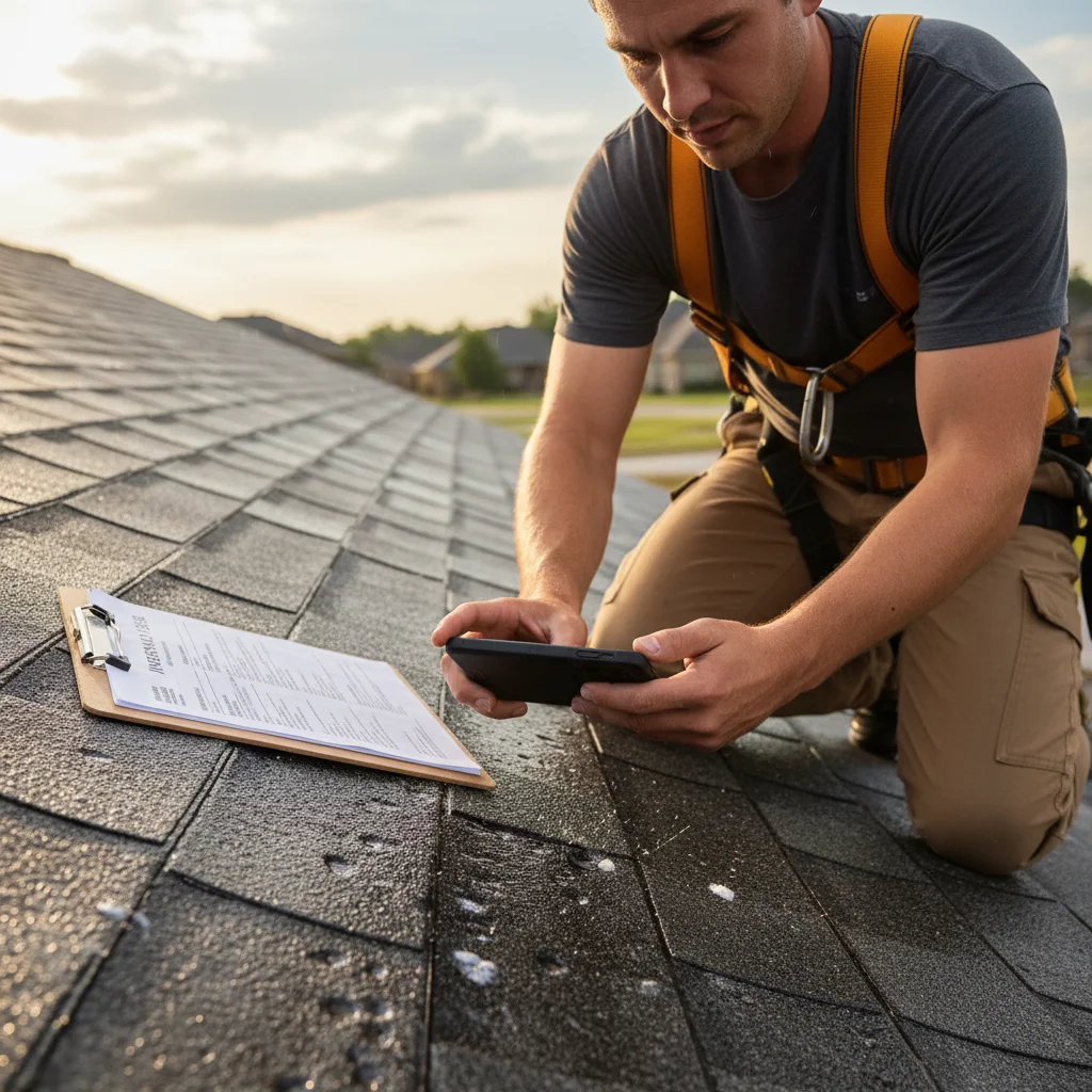 A homeowner photographs hail dents on a shingle with a smartphone.