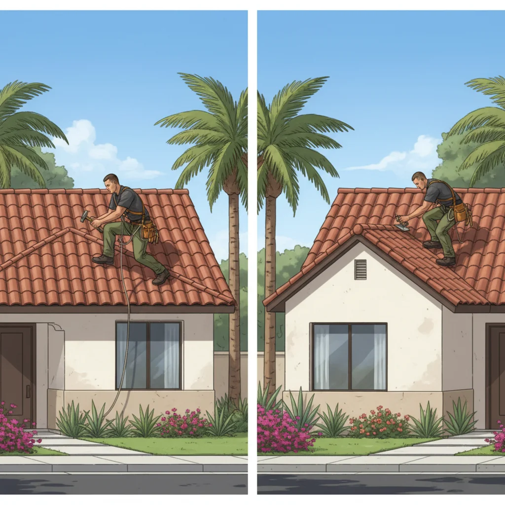 Side-by-side architectural illustration of a hip roof and a gable roof on similar San Diego homes.