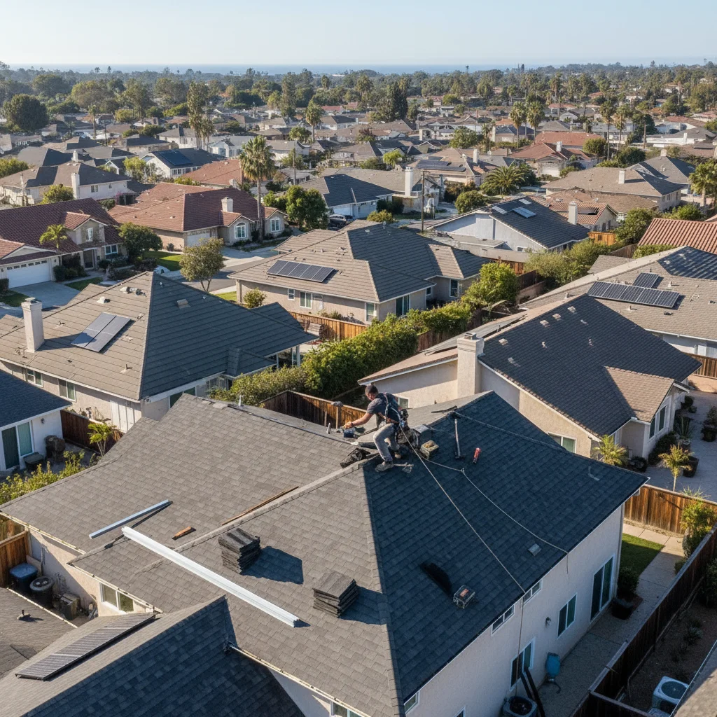 Aerial view of a San Diego neighborhood showing a clear mix of hip and gable roof shapes.