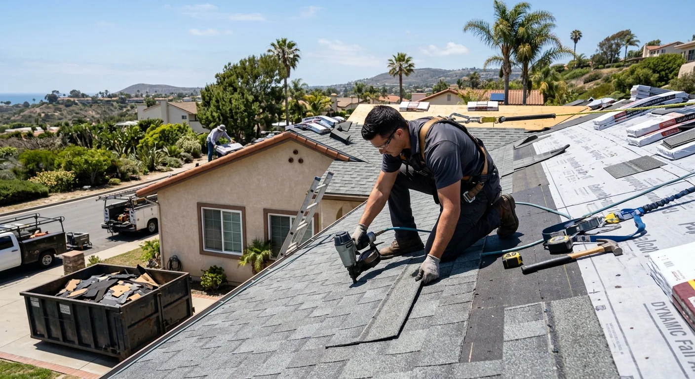 A sunny San Diego home with a new roof being installed, showing a crew actively working on the roof.