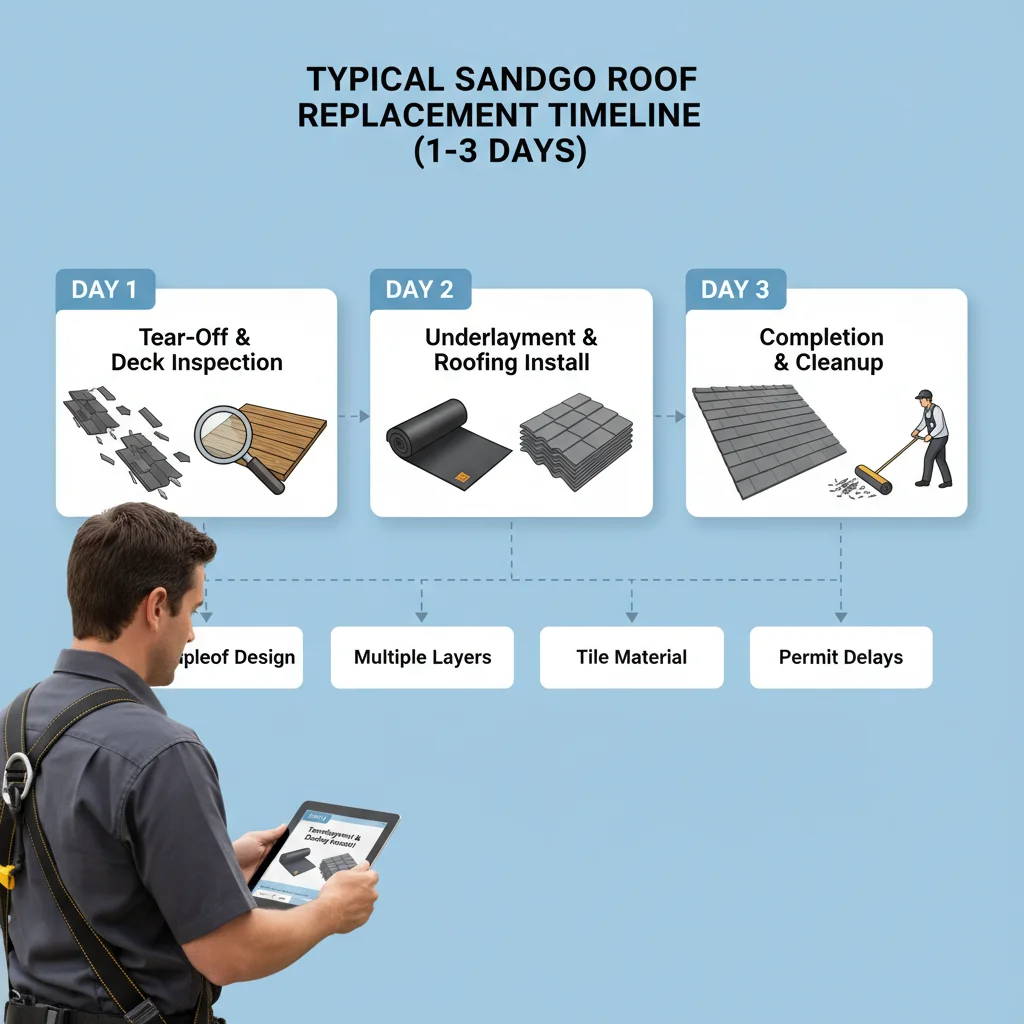 Infographic detailing the typical stages and duration of a roof replacement project in San Diego, from initial tear-off to final cleanup and inspection.