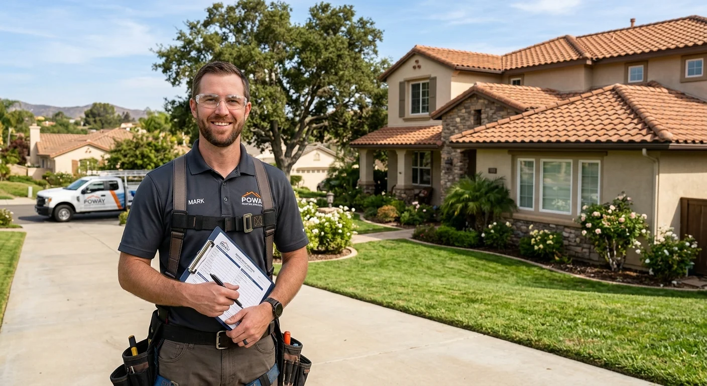A friendly, professional roofing contractor in a branded polo shirt standing in front of a beautiful suburban home in Poway, CA, holding a clipboard and smiling.