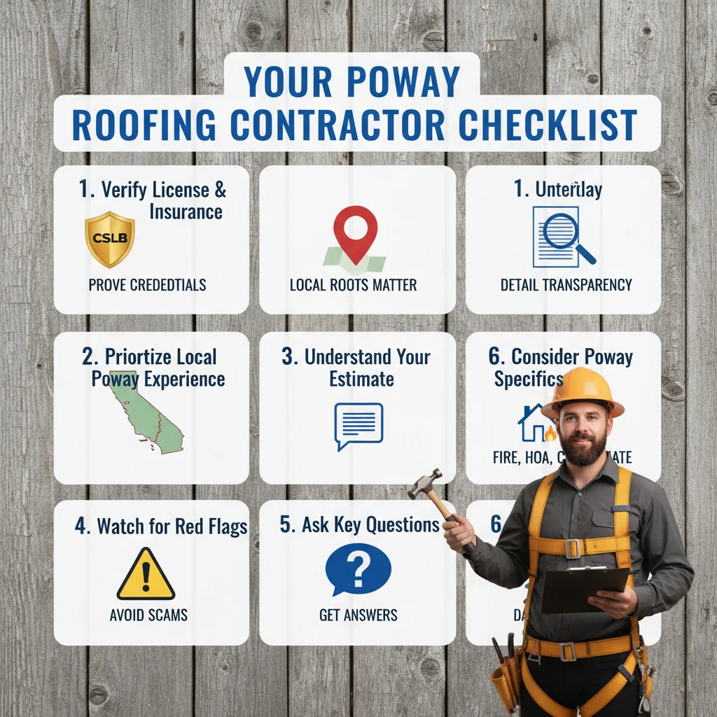 Infographic detailing essential steps to choose a roofing contractor in Poway, including checking license, local experience, understanding estimates, and red flags.