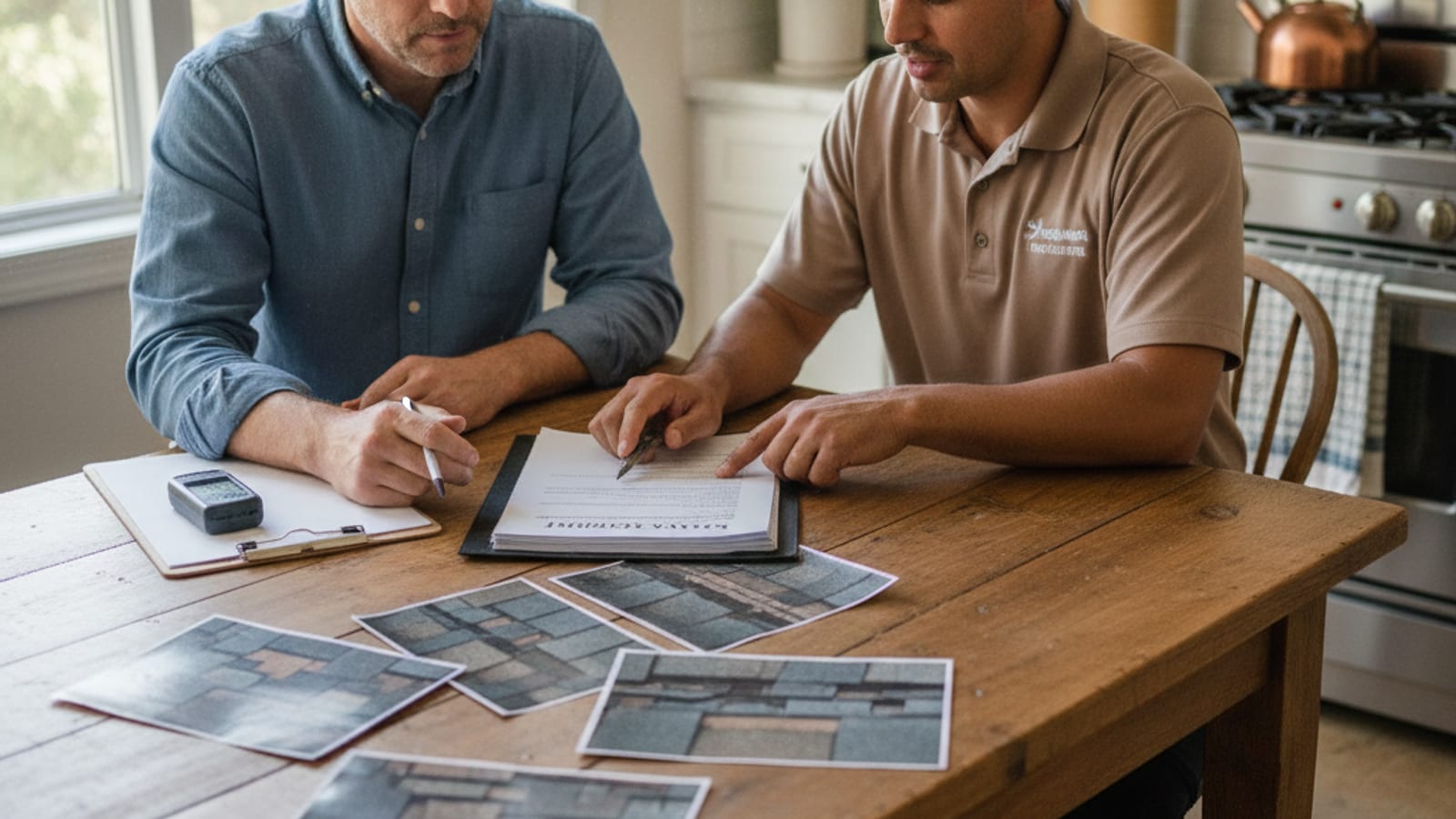 Homeowner and roofer reviewing insurance paperwork and roof photos at a kitchen table with a laptop showing a policy document